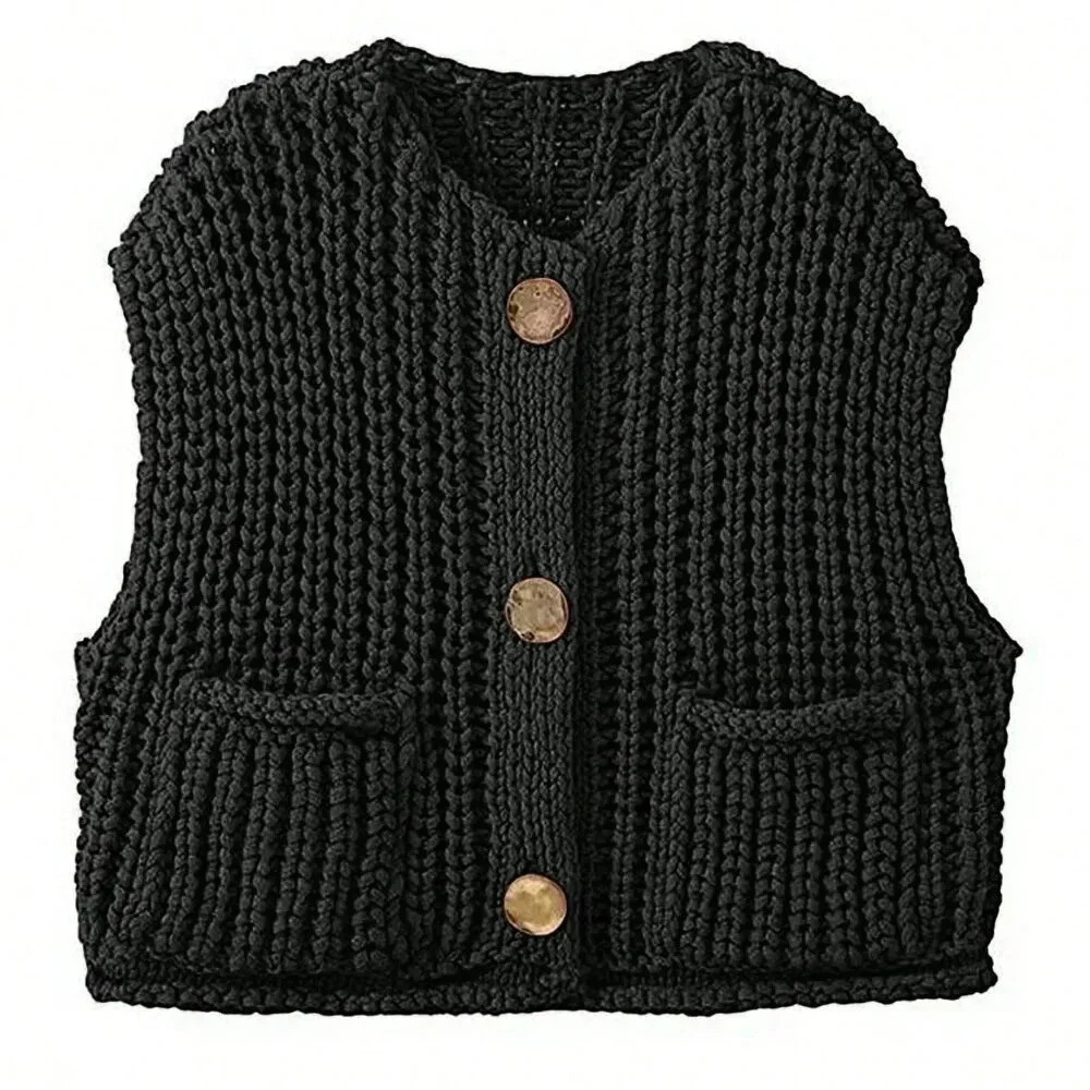 Black Casual Women's Loose Knit Vest With Double Pockets - Picture 3 of 5